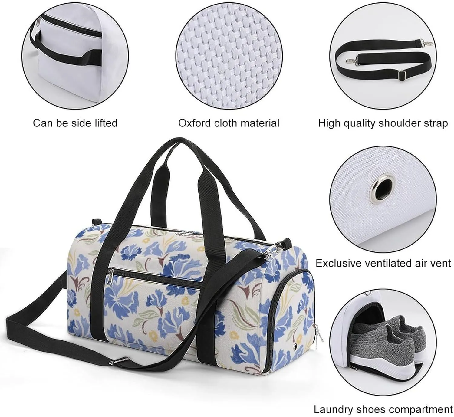 Pastel Blue Carnation Flowers Fitness Large Gym Bag for Unisex with Shoe Compartment & Wet Pocket