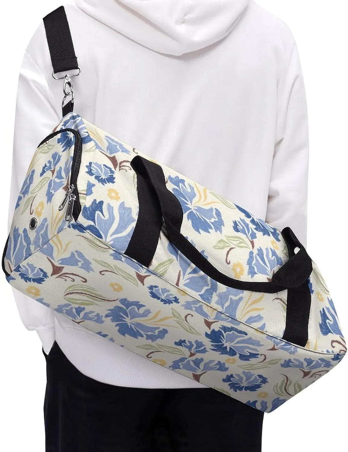 Pastel Blue Carnation Flowers Fitness Large Gym Bag for Unisex with Shoe Compartment & Wet Pocket