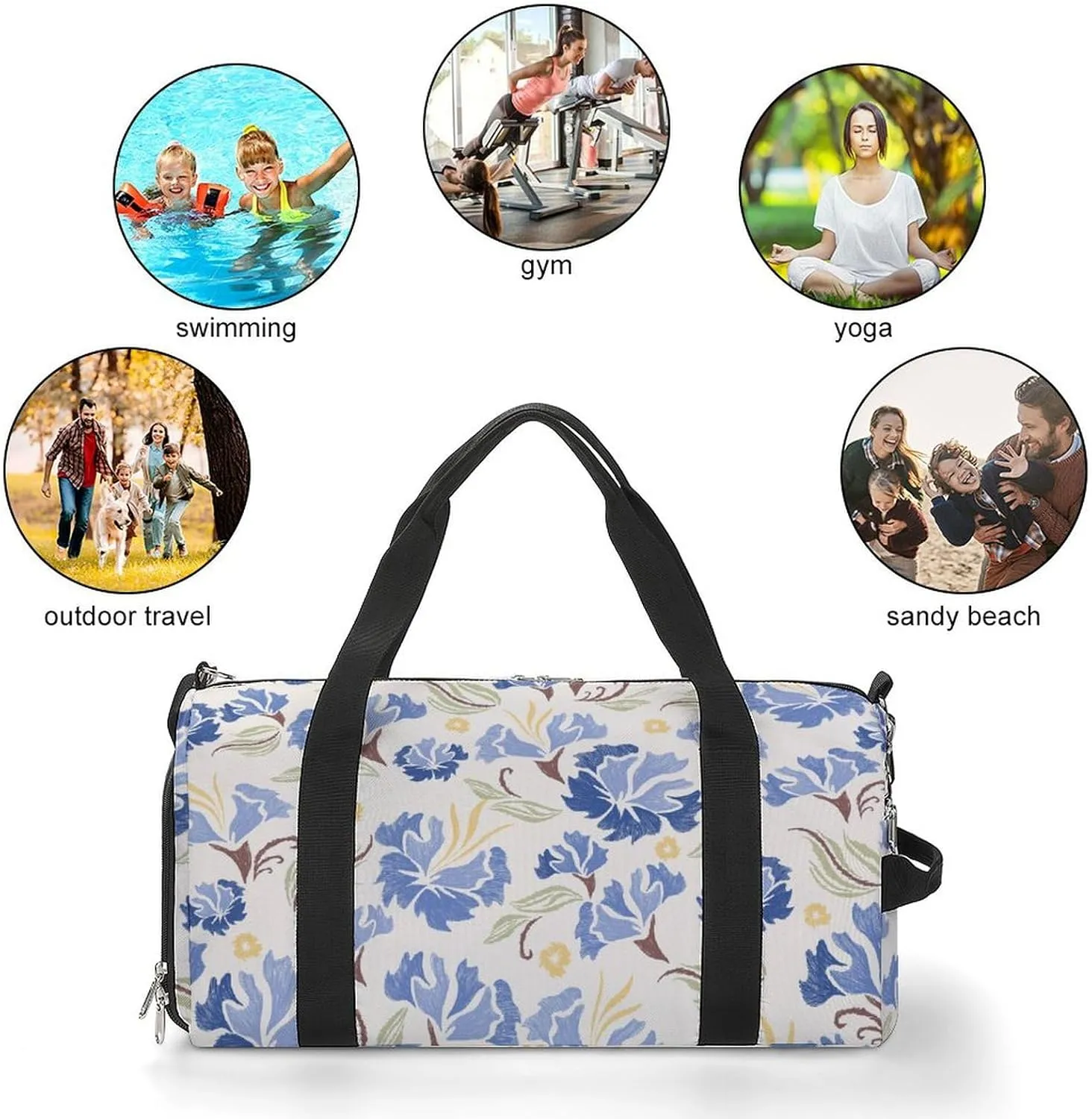Pastel Blue Carnation Flowers Fitness Large Gym Bag for Unisex with Shoe Compartment & Wet Pocket