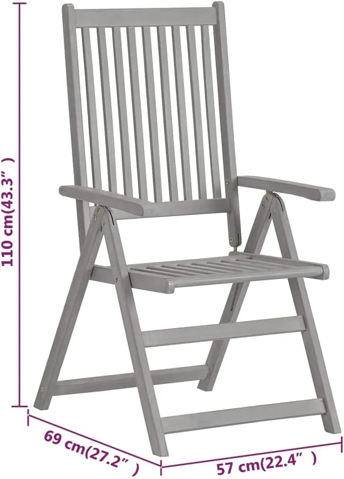 Patio Reclining Chairs 2 Pcs Gray Solid Acacia Wood Folding Lounge Chairs for Outdoor, Adjustable Backrest, Weather Resistant, Foldable Design for Patio Beach Camping