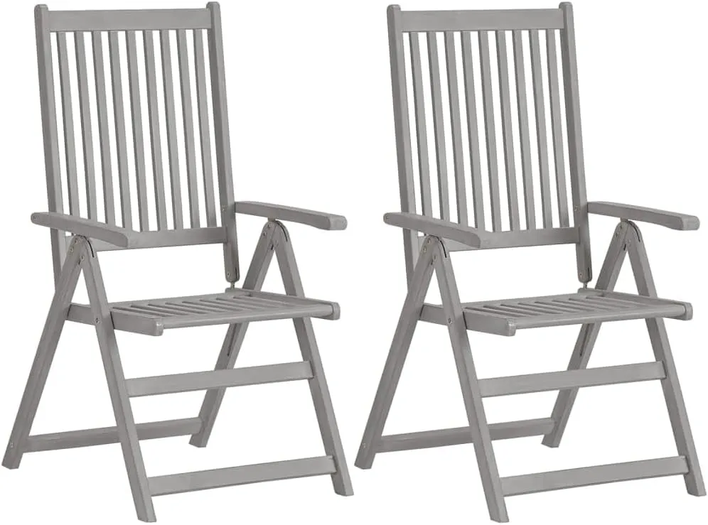 Patio Reclining Chairs 2 Pcs Gray Solid Acacia Wood Folding Lounge Chairs for Outdoor, Adjustable Backrest, Weather Resistant, Foldable Design for Patio Beach Camping