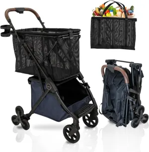 Personal Luxury Folding Shopping Cart with Stair Climbing Wheels – Lightweight Aluminum Frame – Removable Shopping Bag with Carry Strap & Lower Storage 75Lbs Capacity (Blue v2 Stair Wheels)