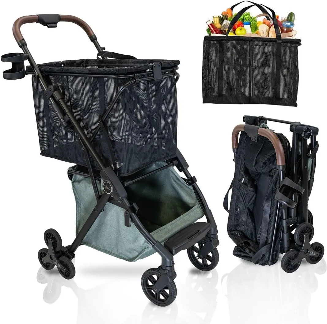 Personal Luxury Folding Shopping Cart with Stair Climbing Wheels – Lightweight Aluminum Frame – Removable Shopping Bag with Carry Strap & Lower Storage 75Lbs Capacity (Sage v2 Stair Wheels)