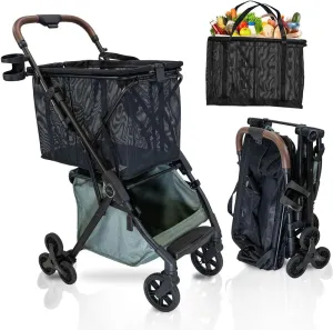Personal Luxury Folding Shopping Cart with Stair Climbing Wheels – Lightweight Aluminum Frame – Removable Shopping Bag with Carry Strap & Lower Storage 75Lbs Capacity (Sage v2 Stair Wheels)