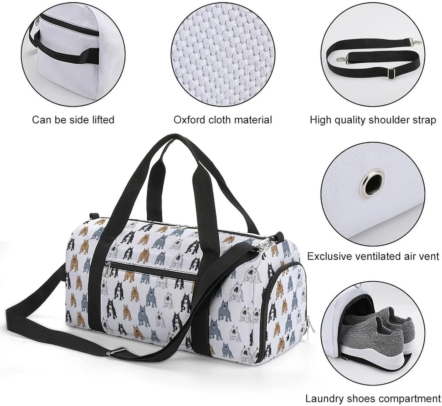 Pitbull Dog Icons Fitness Large Gym Bag for Unisex with Shoe Compartment & Wet Pocket
