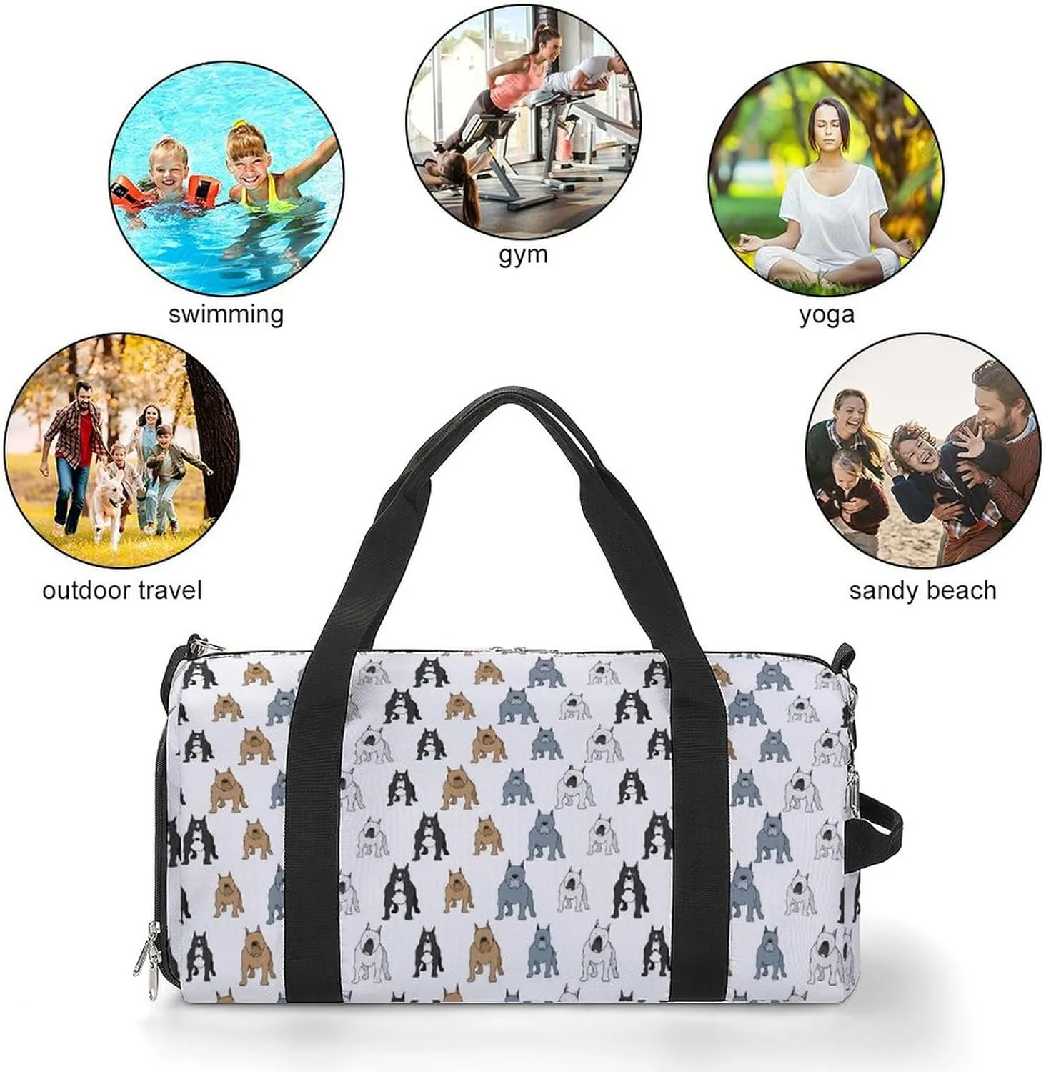 Pitbull Dog Icons Fitness Large Gym Bag for Unisex with Shoe Compartment & Wet Pocket