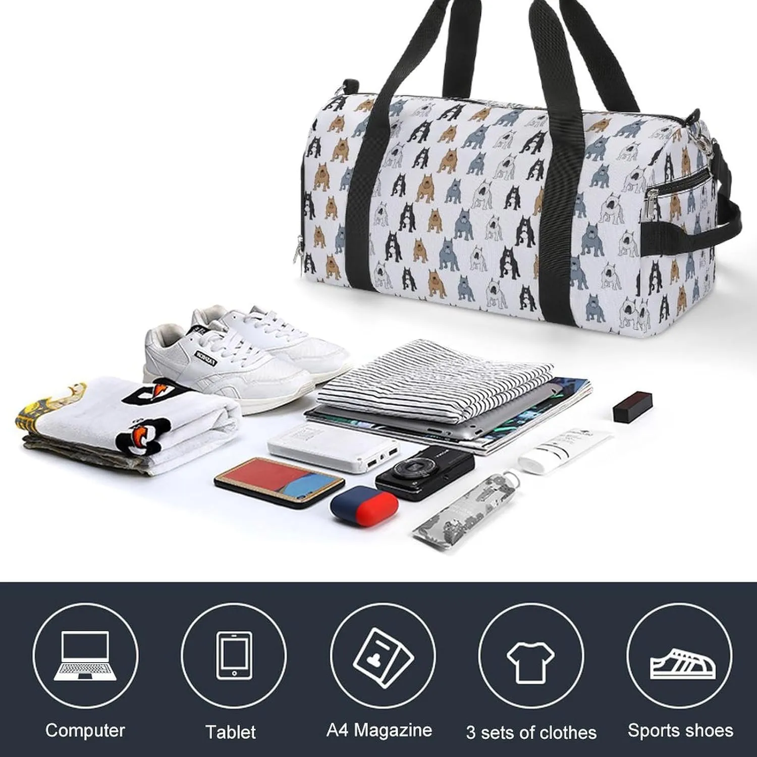 Pitbull Dog Icons Fitness Large Gym Bag for Unisex with Shoe Compartment & Wet Pocket