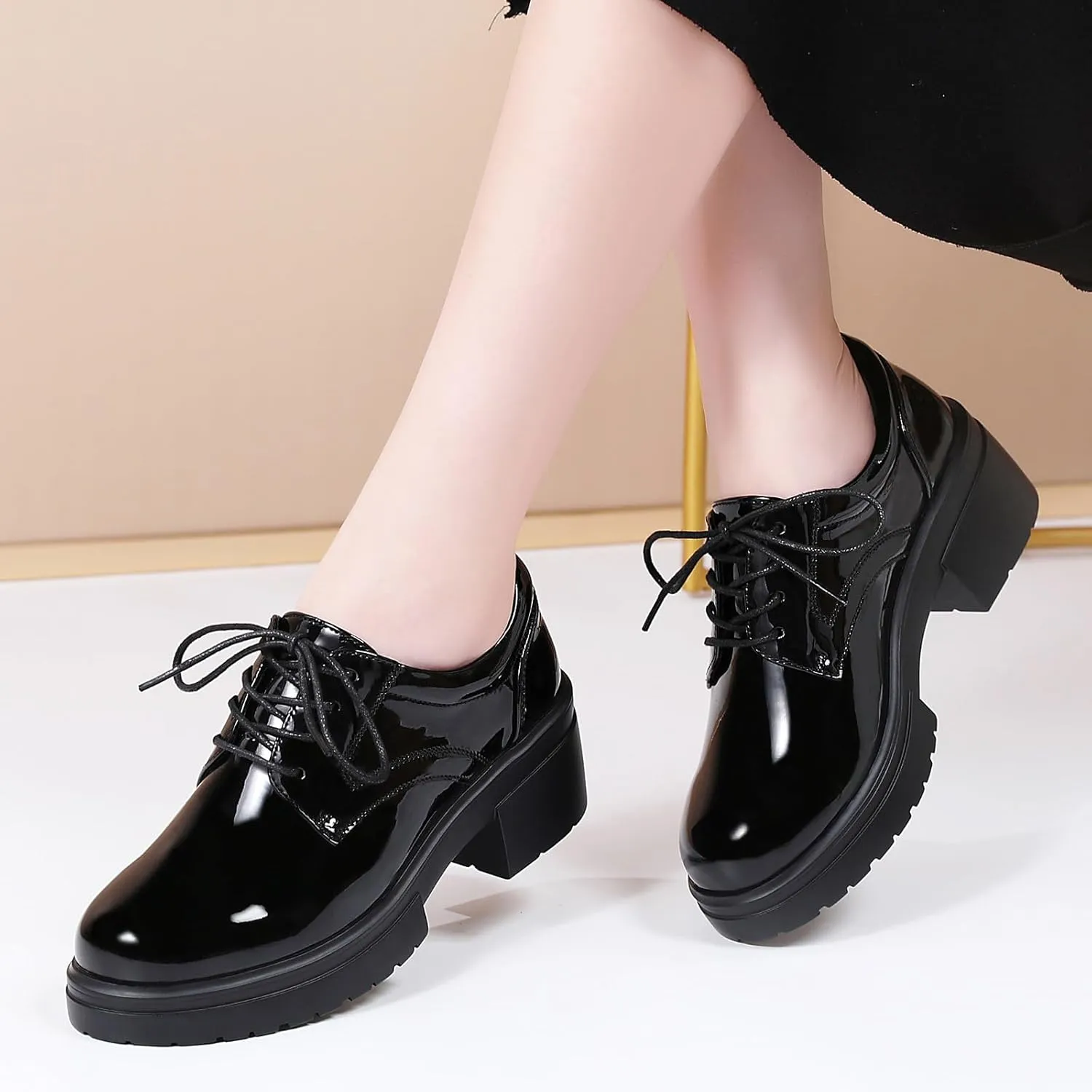 Platform Oxfords for Women Chunky Oxford Heels Women's Pumps Lace Up Shoes Office Work Ladies Casual Business Dress Shoes