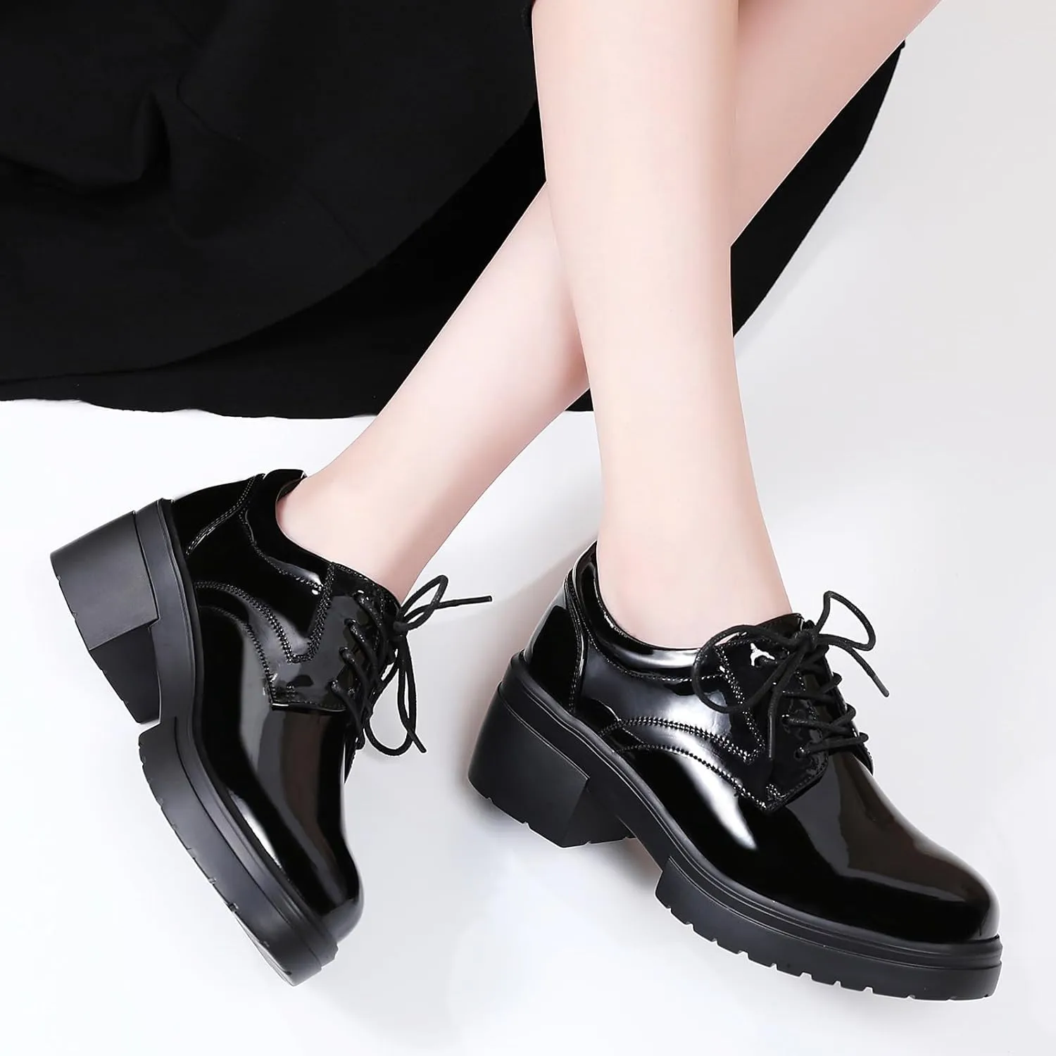 Platform Oxfords for Women Chunky Oxford Heels Women's Pumps Lace Up Shoes Office Work Ladies Casual Business Dress Shoes