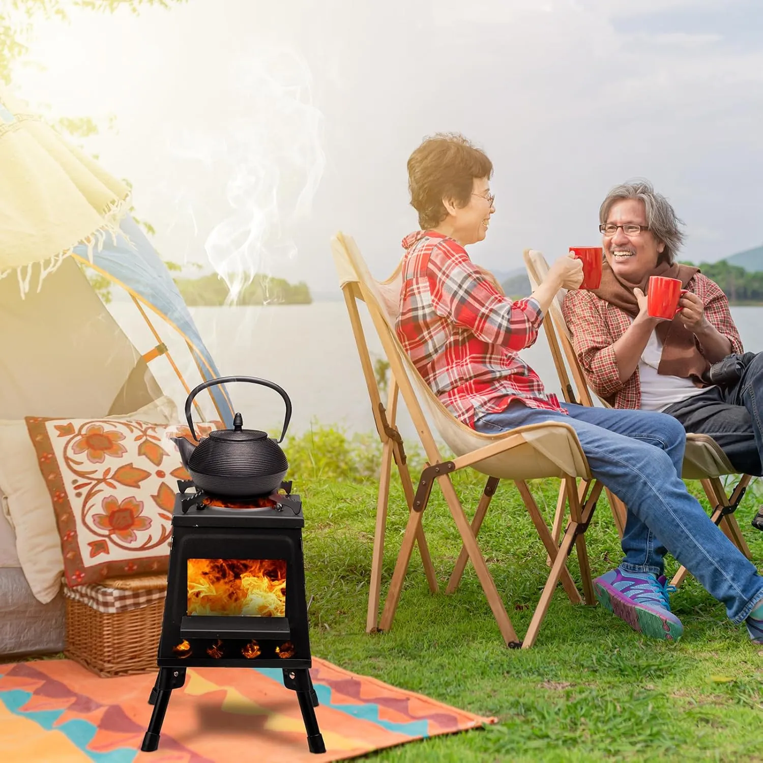 Portable Camping Wood Burning Stove,Outdoor Cooking Foldable Lightweight Stove,Portable Camping Backpacking Wood Stove,Camping Hot Tent Stove,with Storage Bag,for Picnic, Hiking & Heating (Black)
