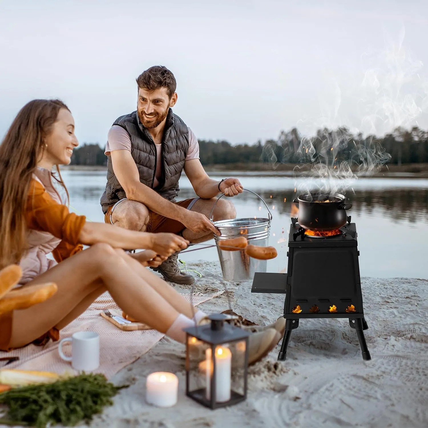 Portable Camping Wood Burning Stove,Outdoor Cooking Foldable Lightweight Stove,Portable Camping Backpacking Wood Stove,Camping Hot Tent Stove,with Storage Bag,for Picnic, Hiking & Heating (Black)