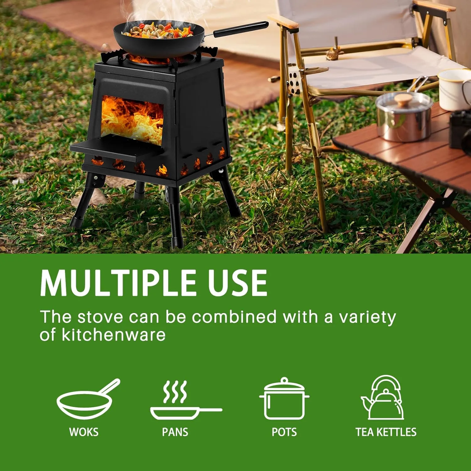 Portable Camping Wood Burning Stove,Outdoor Cooking Foldable Lightweight Stove,Portable Camping Backpacking Wood Stove,Camping Hot Tent Stove,with Storage Bag,for Picnic, Hiking & Heating (Black)