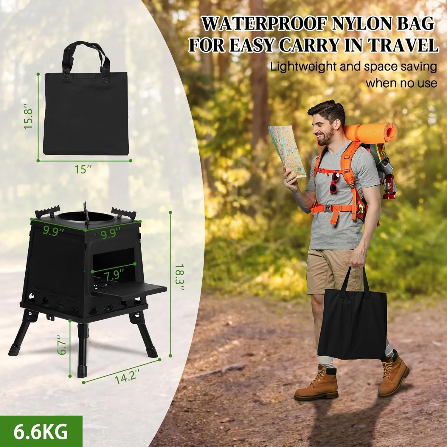 Portable Camping Wood Burning Stove,Outdoor Cooking Foldable Lightweight Stove,Portable Camping Backpacking Wood Stove,Camping Hot Tent Stove,with Storage Bag,for Picnic, Hiking & Heating (Black)