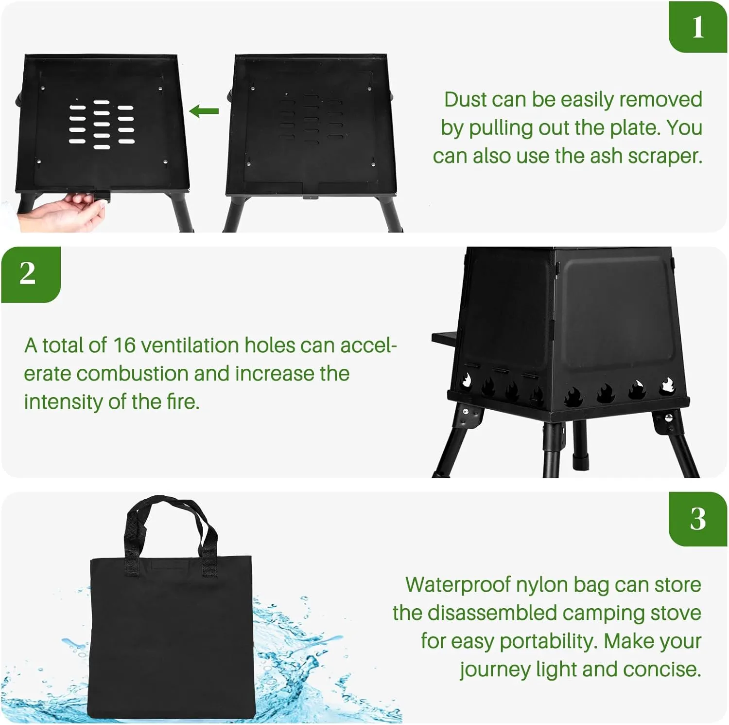 Portable Camping Wood Burning Stove,Outdoor Cooking Foldable Lightweight Stove,Portable Camping Backpacking Wood Stove,Camping Hot Tent Stove,with Storage Bag,for Picnic, Hiking & Heating (Black)