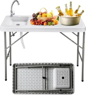 Portable Folding Table, Camping Sink Table, Portable Camping Folding Desk, Food Cleaning and Cutting Outdoor Picnic/Camping Table with Sink Faucet