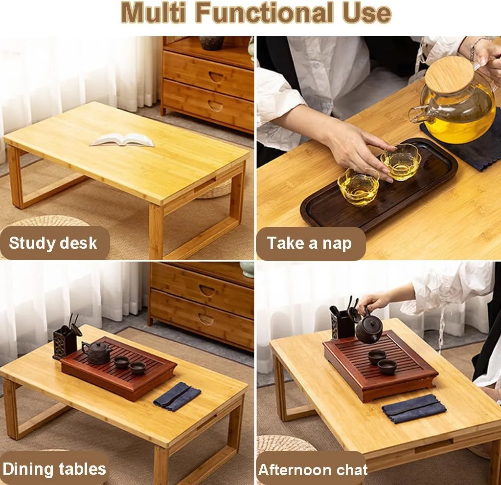 Portable Rectangle Foldable Coffee Table Japanese Tea Table, Bamboo Low Table for Sitting on The Floor, Dining Table, Tatami Table for Living Room Bedroom Meditation (Size:27.6*19.7*12.2in)