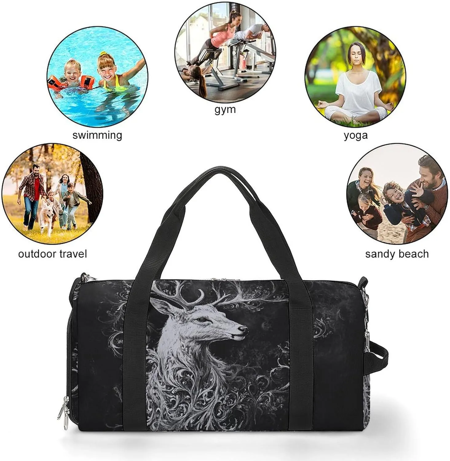 Portrait of Deer Fitness Large Gym Bag for Unisex with Shoe Compartment & Wet Pocket