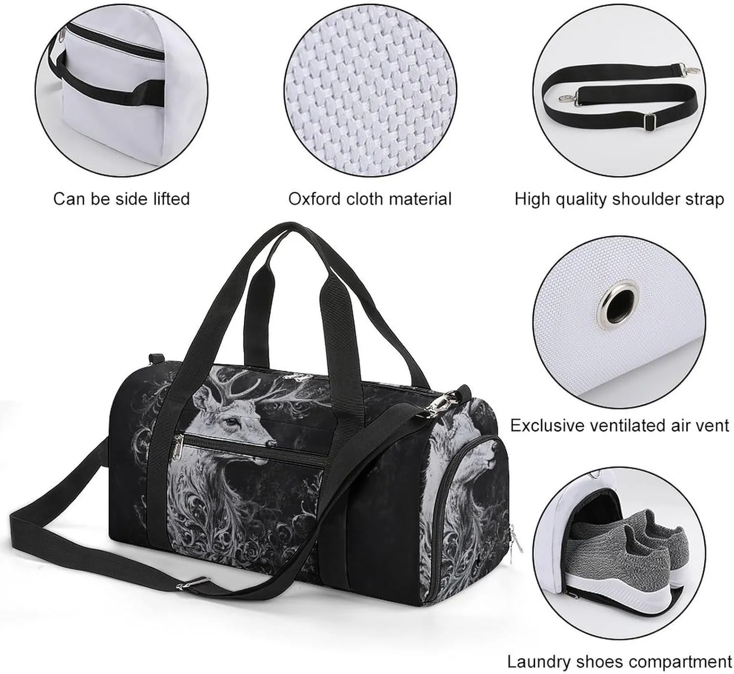 Portrait of Deer Fitness Large Gym Bag for Unisex with Shoe Compartment & Wet Pocket