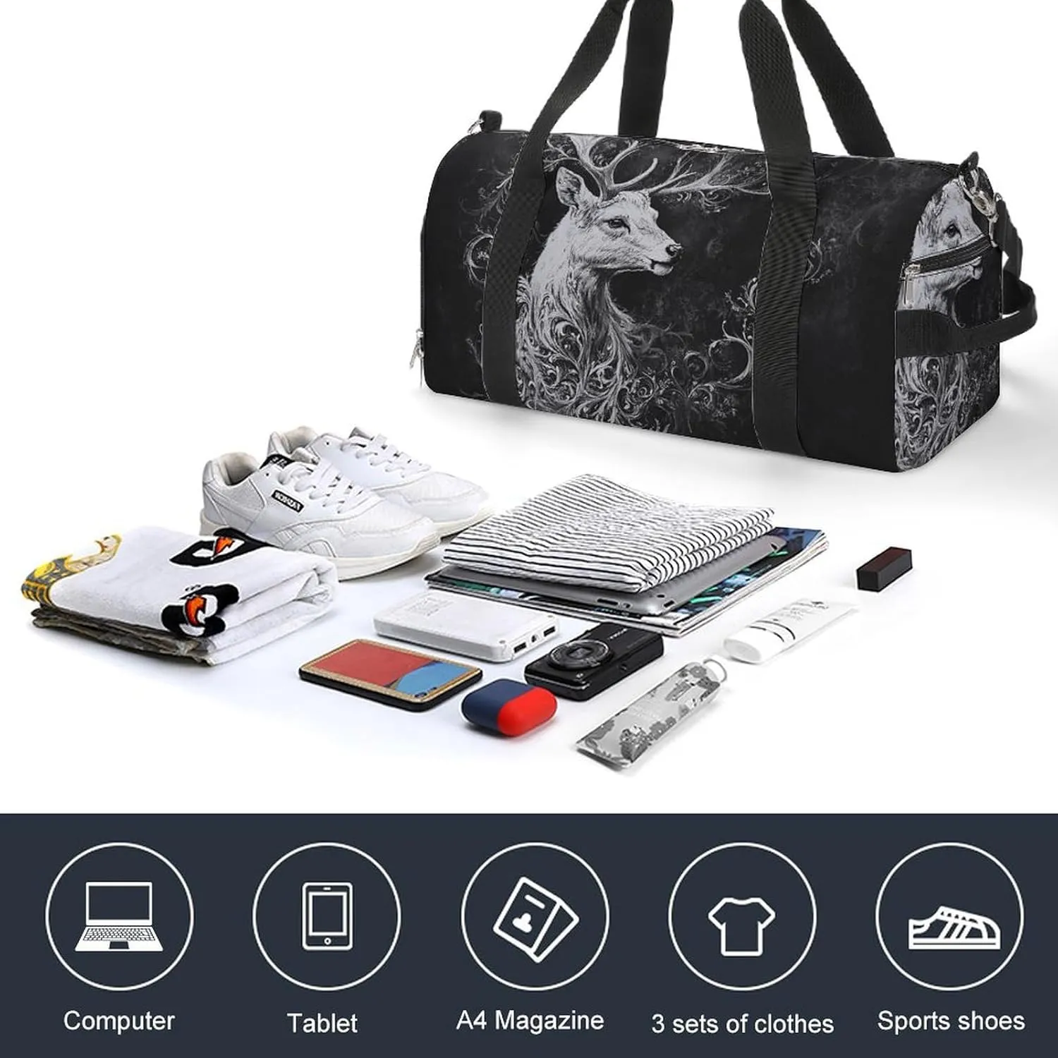 Portrait of Deer Fitness Large Gym Bag for Unisex with Shoe Compartment & Wet Pocket