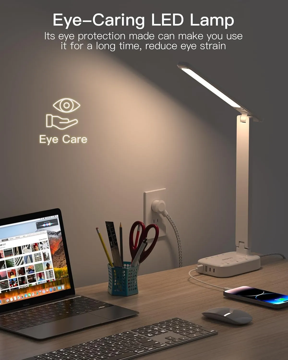 Power Strip with LED Desk Lamp, 3 Outlets 4 USB Ports(2 USBC) 4 Modes 5 Level Touch Lamp Small Desk Lamps for Home Office Bedroom Bedside, Study Reading Light, 5ft Extension Cord, Dorm Room Essentials