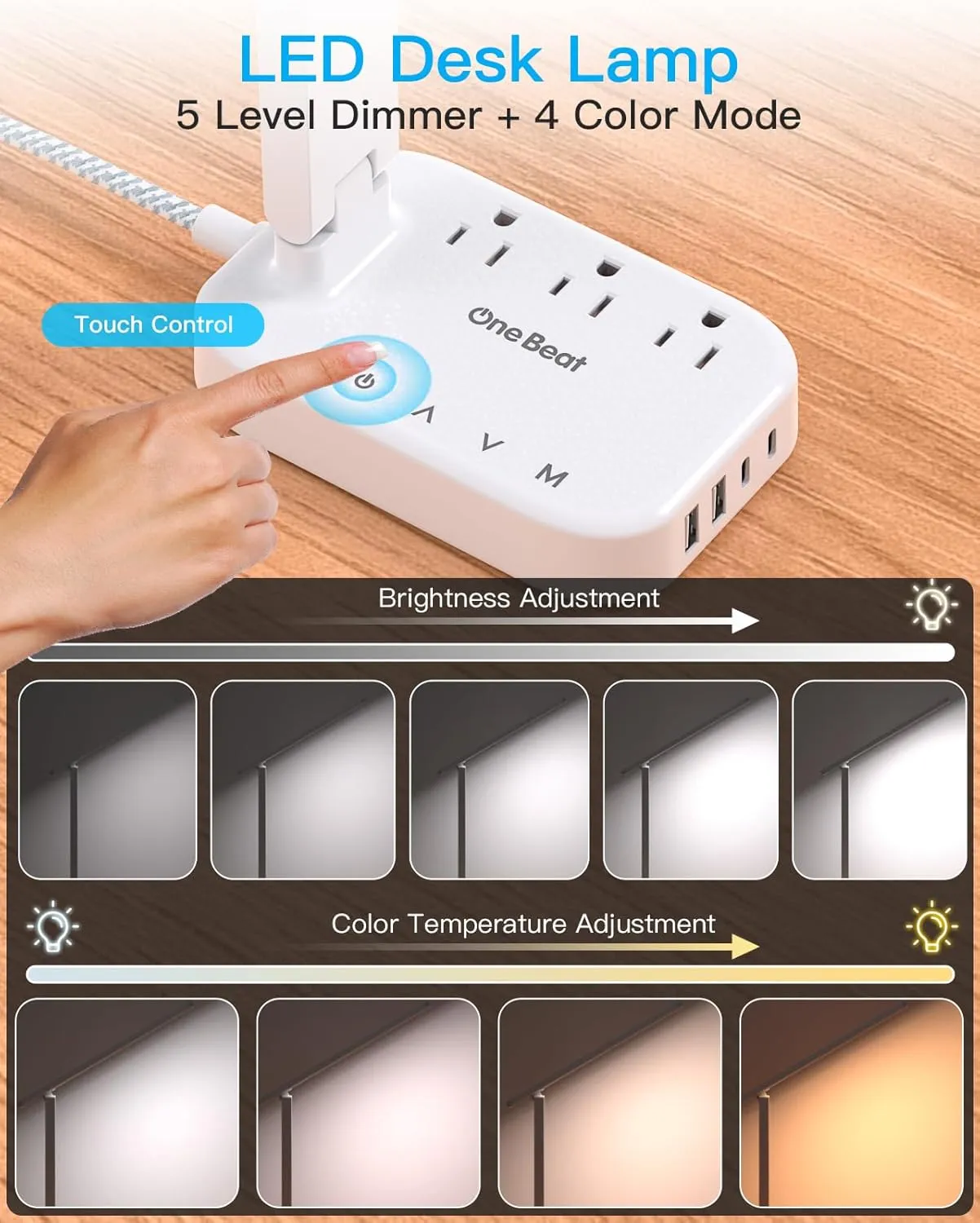 Power Strip with LED Desk Lamp, 3 Outlets 4 USB Ports(2 USBC) 4 Modes 5 Level Touch Lamp Small Desk Lamps for Home Office Bedroom Bedside, Study Reading Light, 5ft Extension Cord, Dorm Room Essentials