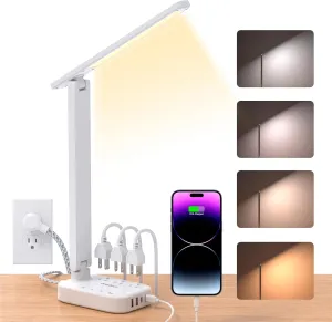 Power Strip with LED Desk Lamp, 3 Outlets 4 USB Ports(2 USBC) 4 Modes 5 Level Touch Lamp Small Desk Lamps for Home Office Bedroom Bedside, Study Reading Light, 5ft Extension Cord, Dorm Room Essentials