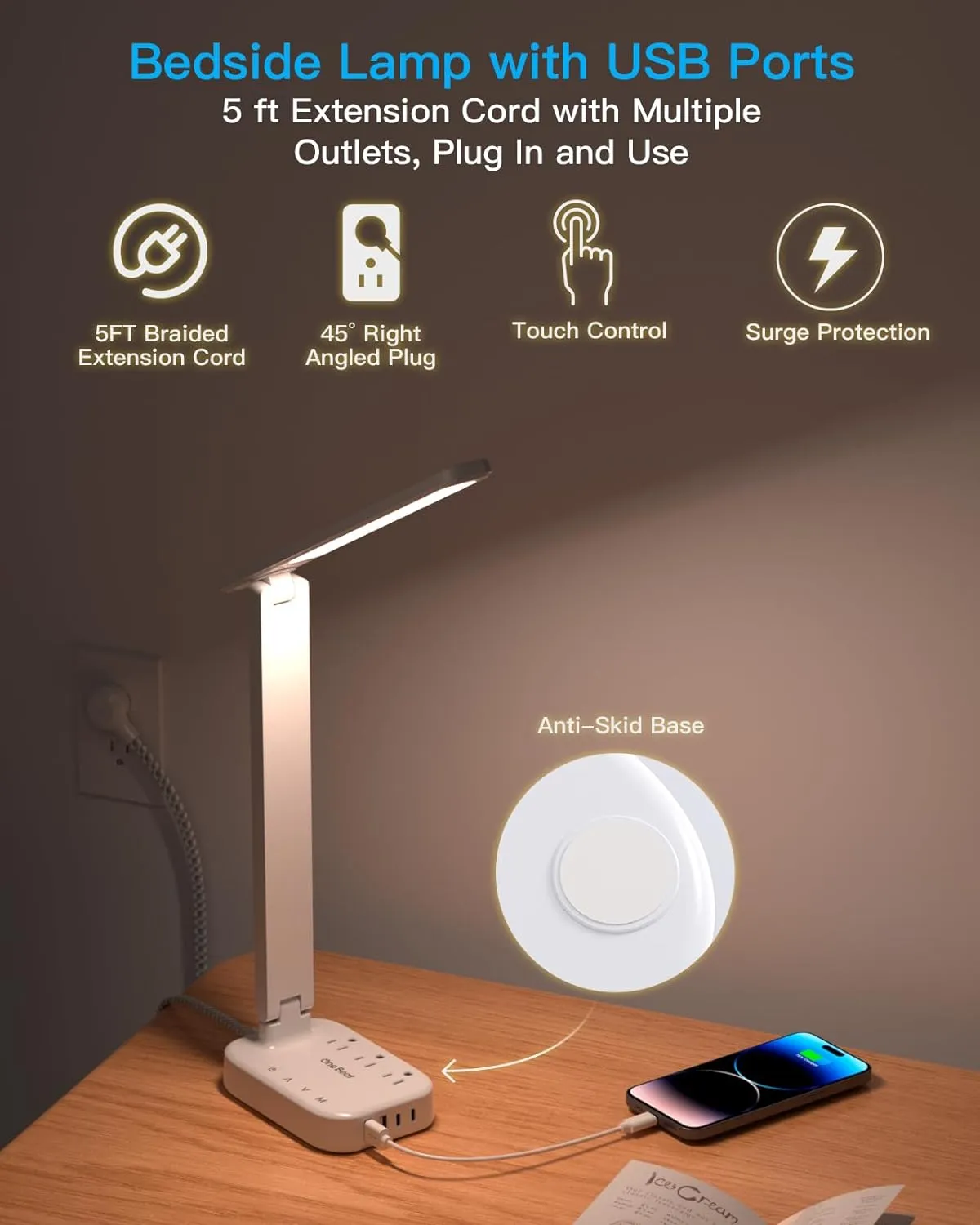 Power Strip with LED Desk Lamp, 3 Outlets 4 USB Ports(2 USBC) 4 Modes 5 Level Touch Lamp Small Desk Lamps for Home Office Bedroom Bedside, Study Reading Light, 5ft Extension Cord, Dorm Room Essentials