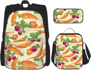 Premium Cartoon Vegetables Print 3-in-1 Backpack Set with Lunch Bag & Pencil Case Portable Bag Set
