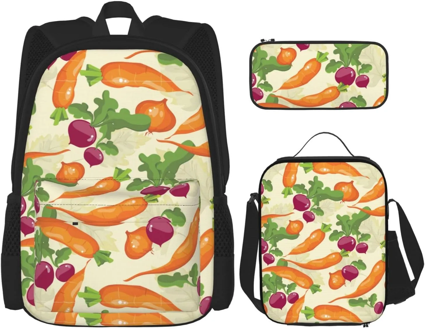 Premium Cartoon Vegetables Print 3-in-1 Backpack Set with Lunch Bag & Pencil Case Portable Bag Set