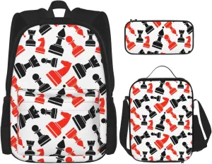Premium Chess Pattern Print 3-in-1 Backpack Set with Lunch Bag & Pencil Case Portable Bag Set