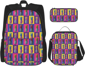Premium Colorful pineapple pattern Print 3-in-1 Backpack Set with Lunch Bag & Pencil Case Portable Bag Set
