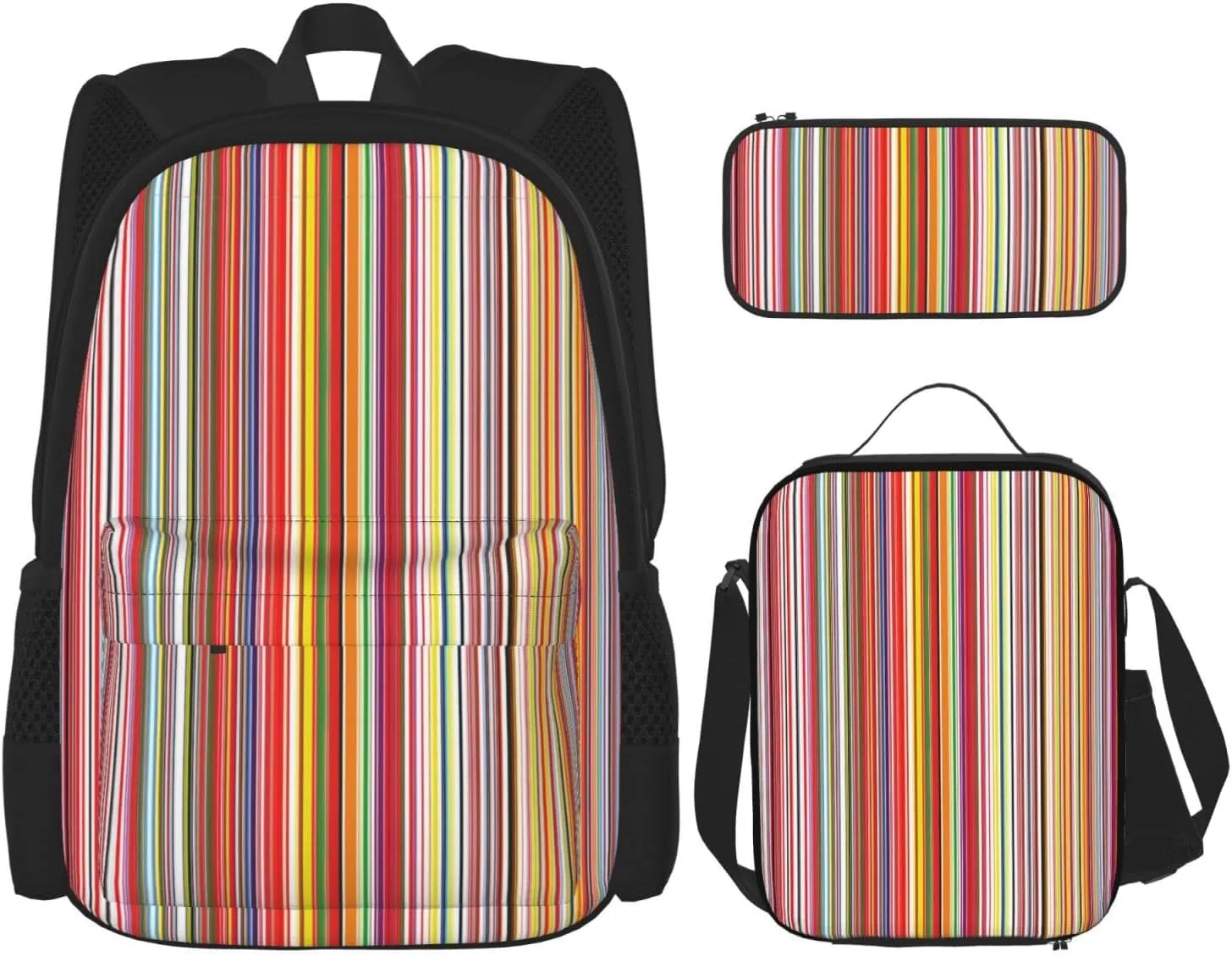 Premium Colorful Stripes. Print 3-in-1 Backpack Set with Lunch Bag & Pencil Case Portable Bag Set