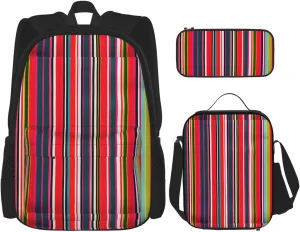 Premium Colorful Stripes Print 3-in-1 Backpack Set with Lunch Bag & Pencil Case Portable Bag Set