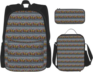 Premium Cute Dragonfly Print 3-in-1 Backpack Set with Lunch Bag & Pencil Case Portable Bag Set