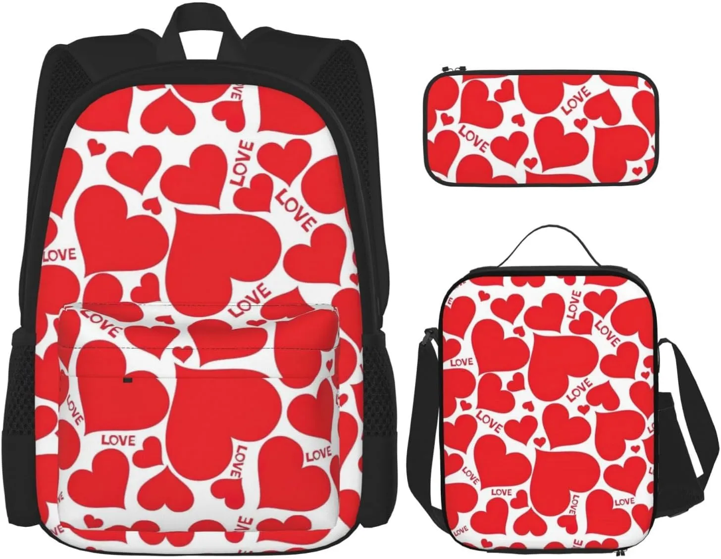 Premium Love Heart Print 3-in-1 Backpack Set with Lunch Bag & Pencil Case Portable Bag Set