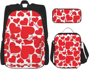 Premium Love Heart Print 3-in-1 Backpack Set with Lunch Bag & Pencil Case Portable Bag Set