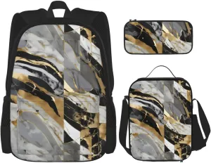 Premium luxury Marble Print 3-in-1 Backpack Set with Lunch Bag & Pencil Case Portable Bag Set