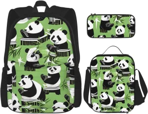 Premium Panda bamboo Print 3-in-1 Backpack Set with Lunch Bag & Pencil Case Portable Bag Set