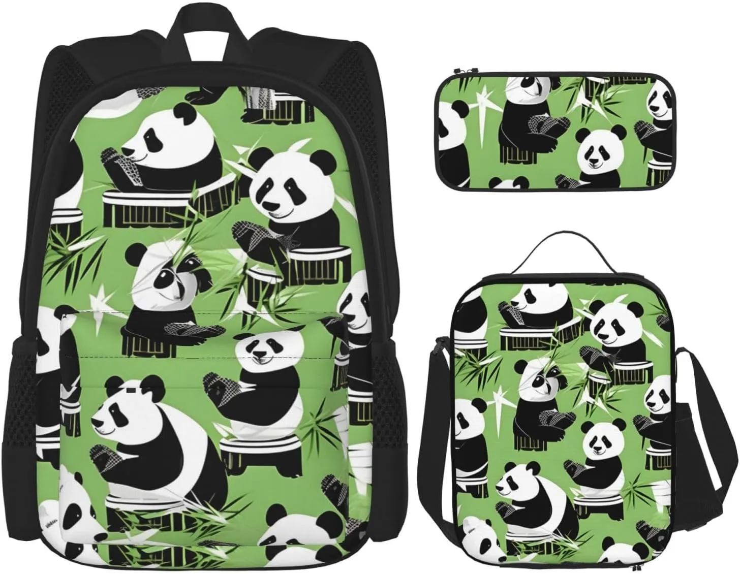 Premium Panda bamboo Print 3-in-1 Backpack Set with Lunch Bag & Pencil Case Portable Bag Set