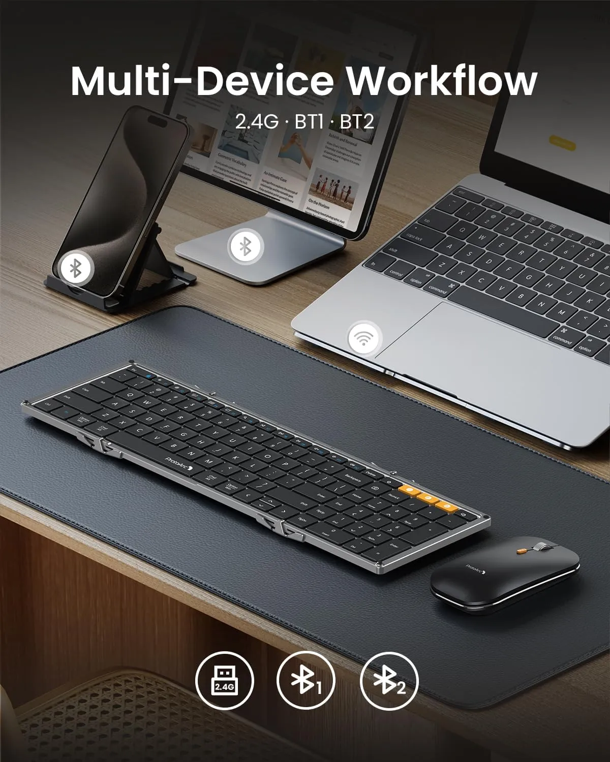 ProtoArc Foldable Keyboard and Mouse, XKM01 True Full-Size Folding Keyboard Mouse Combo for Business and Travel, 2.4G Dual Bluetooth Portable Mouse Keyboard for Laptop iPads Tablets - Black Gray