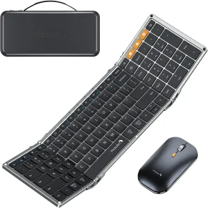 ProtoArc Foldable Keyboard and Mouse, XKM01 True Full-Size Folding Keyboard Mouse Combo for Business and Travel, 2.4G Dual Bluetooth Portable Mouse Keyboard for Laptop iPads Tablets - Black Gray