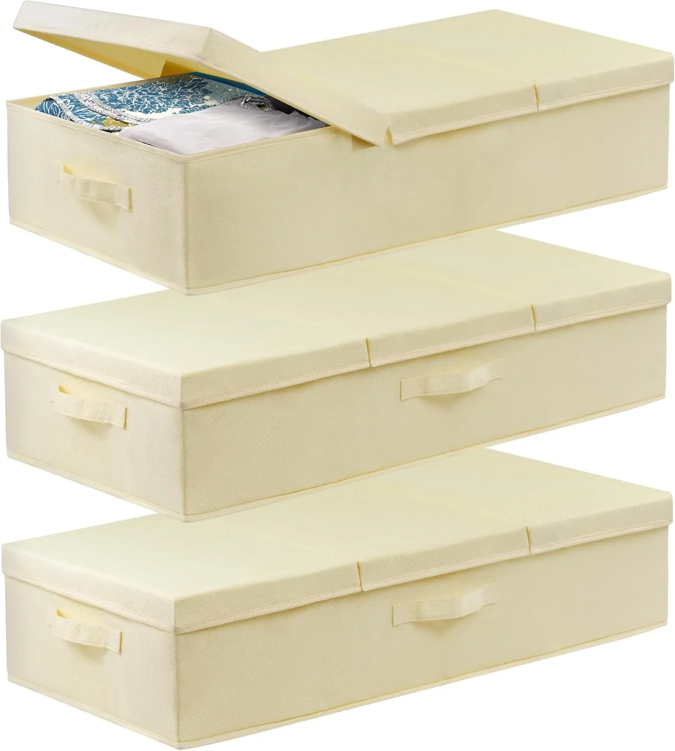 punemi Underbed Storage Bins, Set Of 3 Stackable Underbed Storage Containers Bag With Lid, Fabric Storage Under Bed Drawer Organizer For Blanket Pillow Comforter & Quilt Wrapping Paper, Beige
