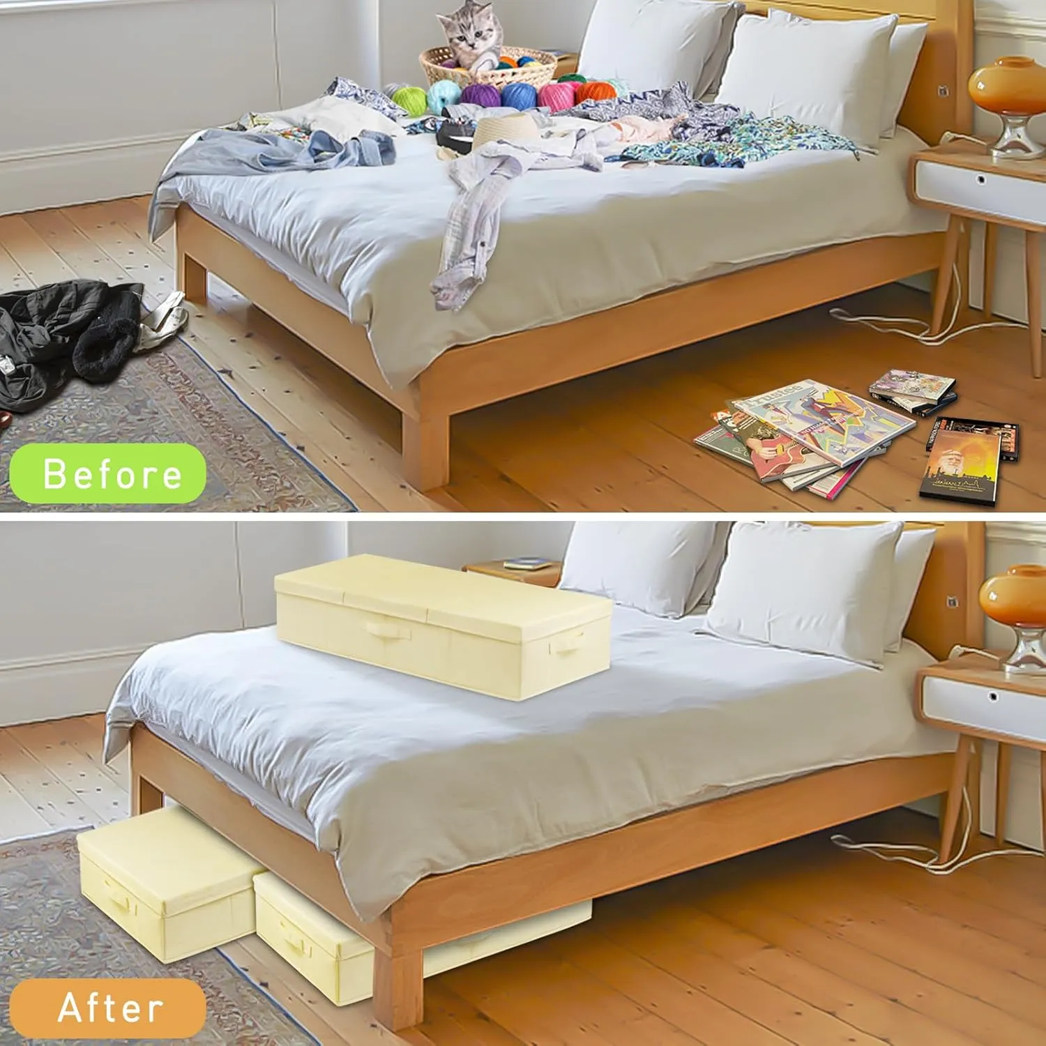 punemi Underbed Storage Bins, Set Of 3 Stackable Underbed Storage Containers Bag With Lid, Fabric Storage Under Bed Drawer Organizer For Blanket Pillow Comforter & Quilt Wrapping Paper, Beige