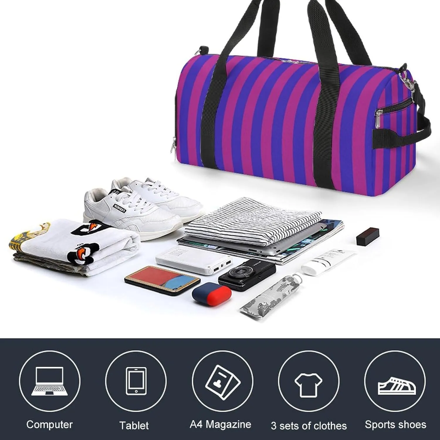 Purple And Blue Striped Fitness Large Gym Bag for Unisex with Shoe Compartment & Wet Pocket