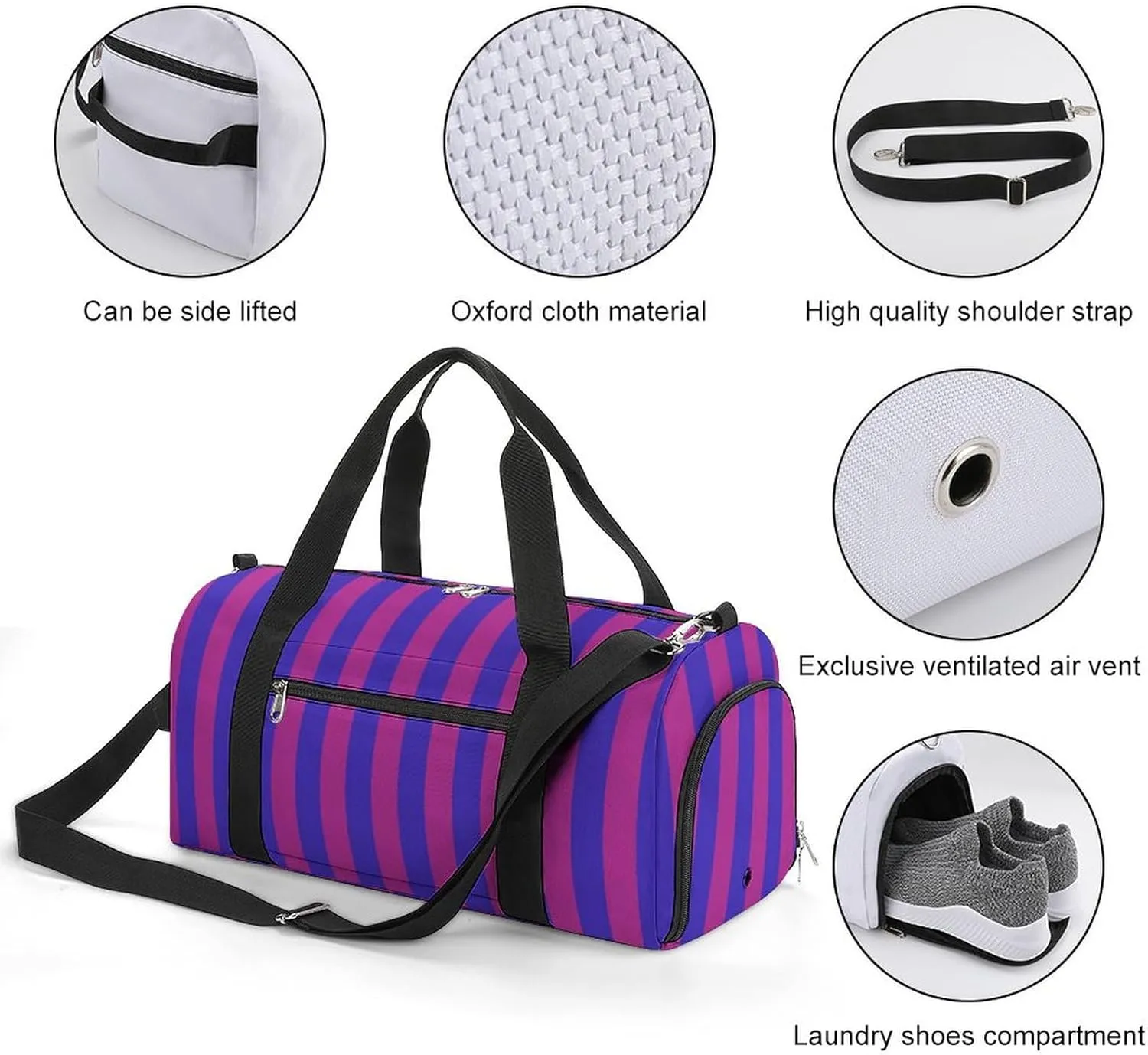 Purple And Blue Striped Fitness Large Gym Bag for Unisex with Shoe Compartment & Wet Pocket