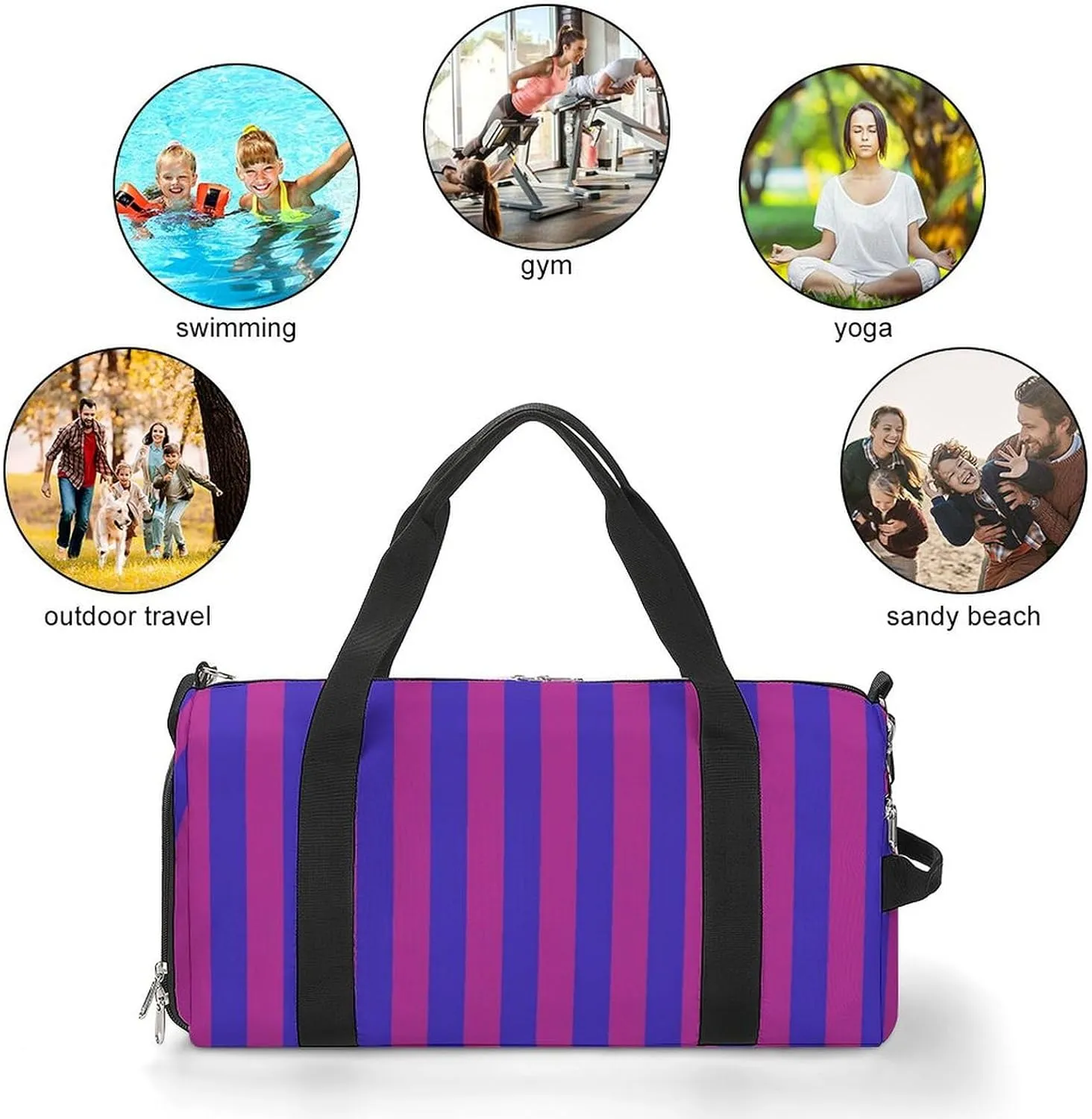Purple And Blue Striped Fitness Large Gym Bag for Unisex with Shoe Compartment & Wet Pocket