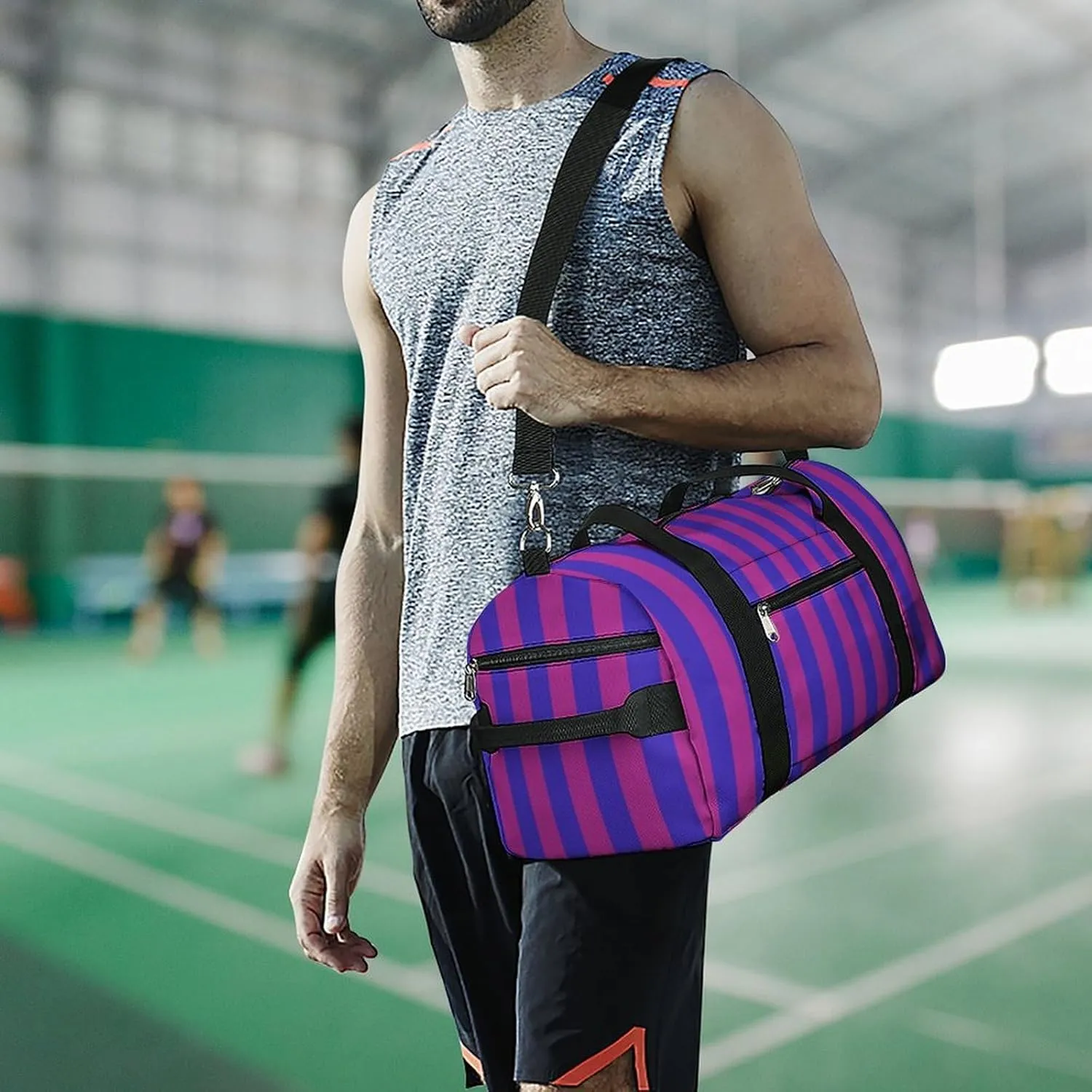 Purple And Blue Striped Fitness Large Gym Bag for Unisex with Shoe Compartment & Wet Pocket