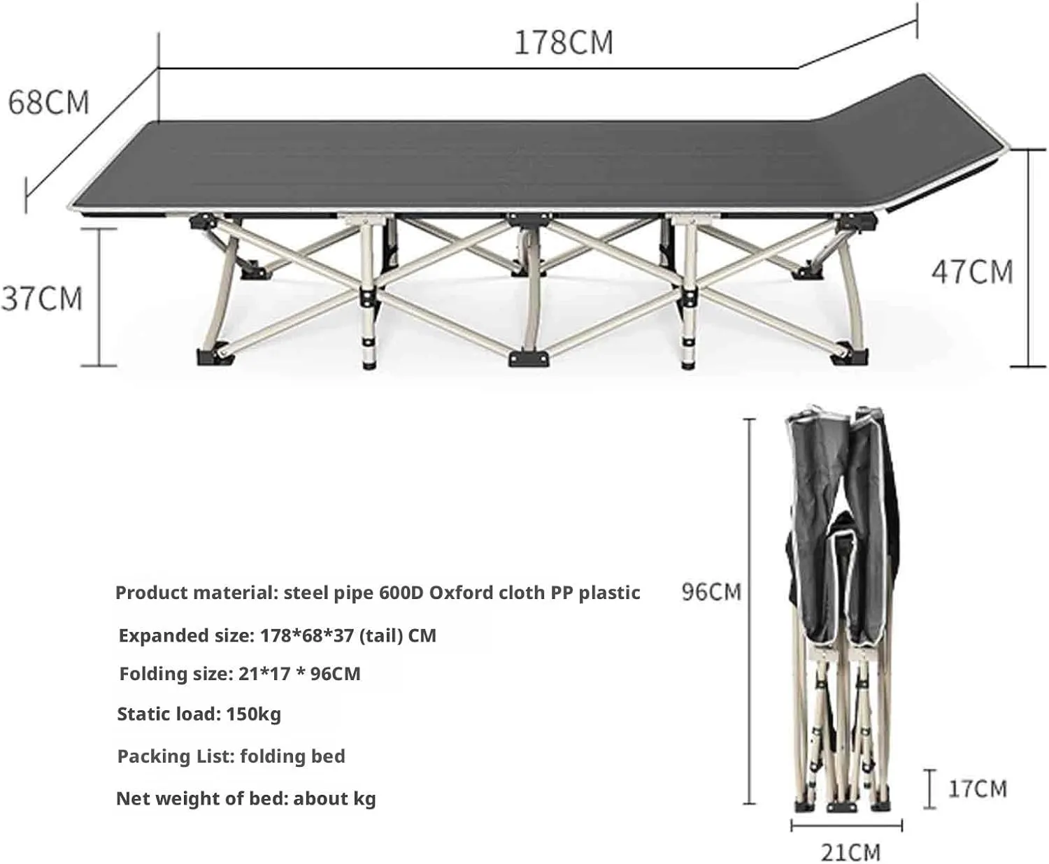 Queen Folding Bed/Accompanying/Office Nap/Camp Bed, Cot for Camping, Steel Pipe, 600D Oxford Cloth, Ergonomics, Non-Slip Foot Pad, Portable Storage(66x176)