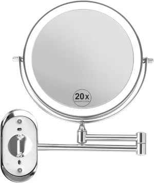 Rechargeable Lighted Wall Mounted Makeup Mirror, 8" Double-Sided Magnifying Mirror with Lights 20X, 3 Color and Switch Dimmable Shaving Mirror, 360 Rotation Foldable Bathroom Mirror, Chrome