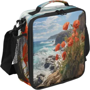 Red Flowers Lunch Bags for Women Men Atlantic Coast Insulated Lunch Box Lunchbox Cooler Tote Bag Shoulder Strap Reusable Lunchbag for Work Travel Picnic